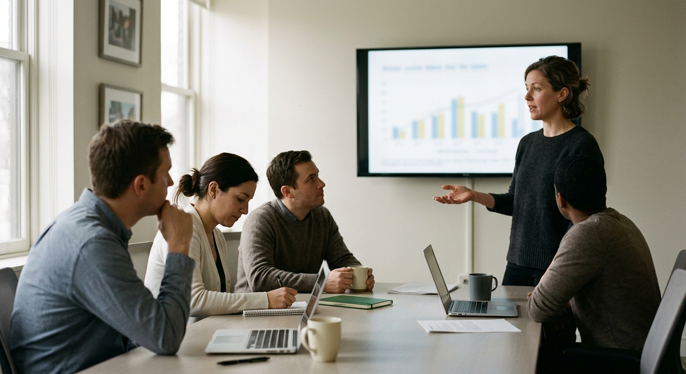 A marketing lead standing at the head of a boardroom table, presenting figures to four seated colleagues.
